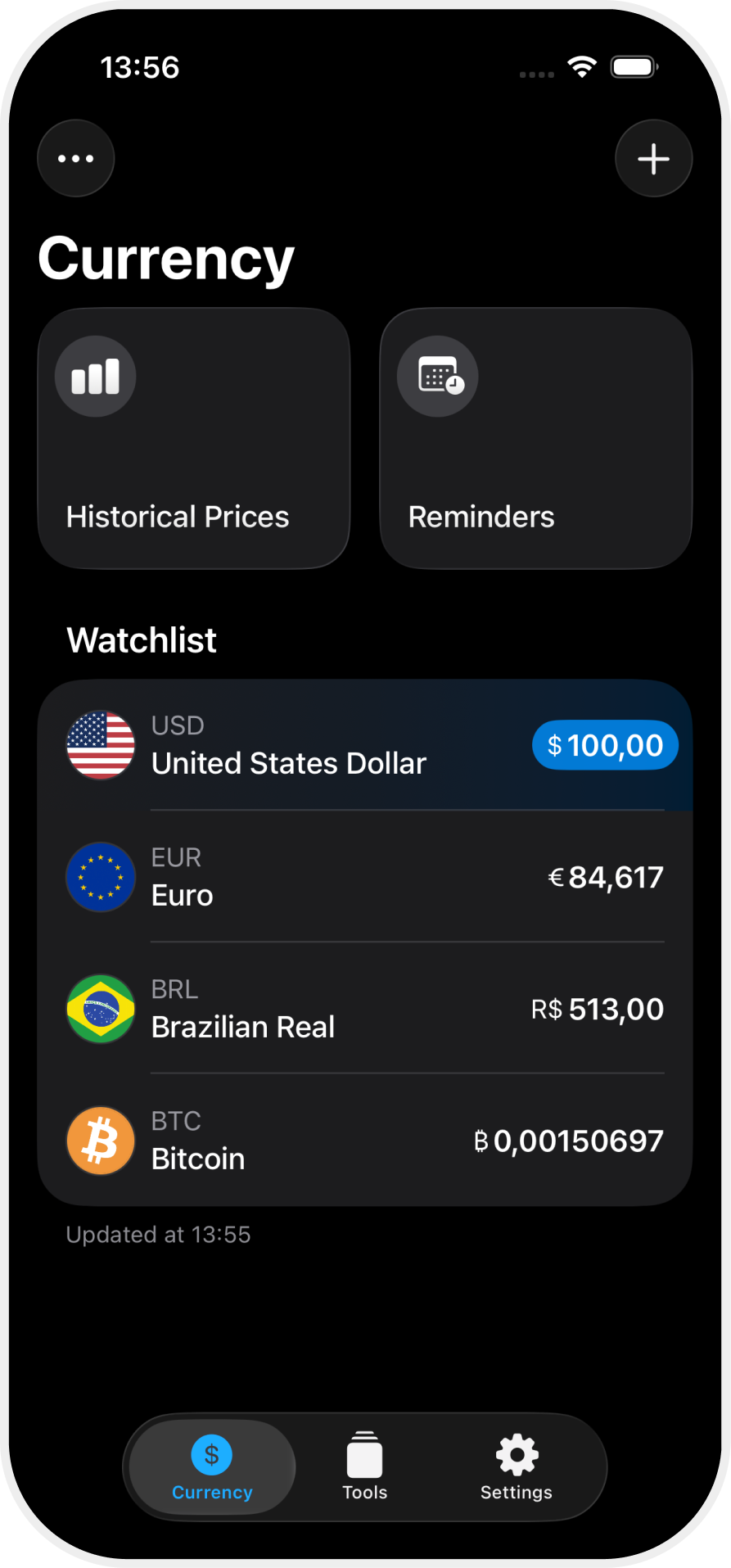 Converter X currency watchlist on iPhone