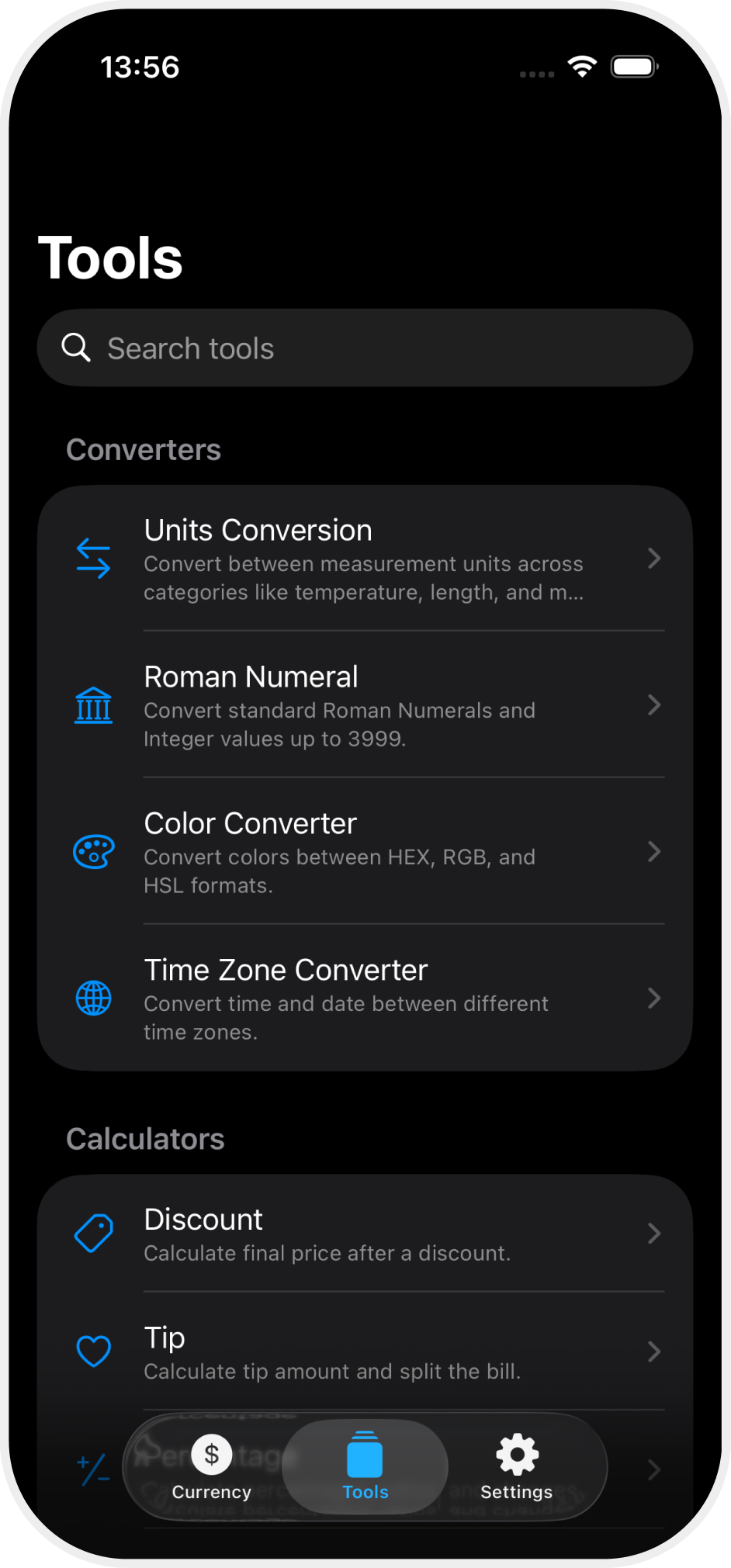 The Converter X tools library on iPhone